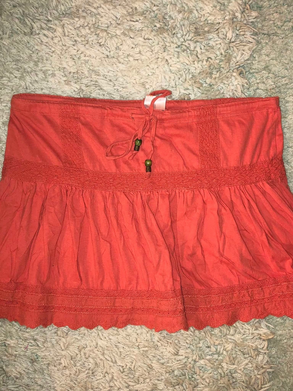 Big Flirt Orange Solid Mini Skirt Woven Ramie Cotton Lace Beaded Drawstring L